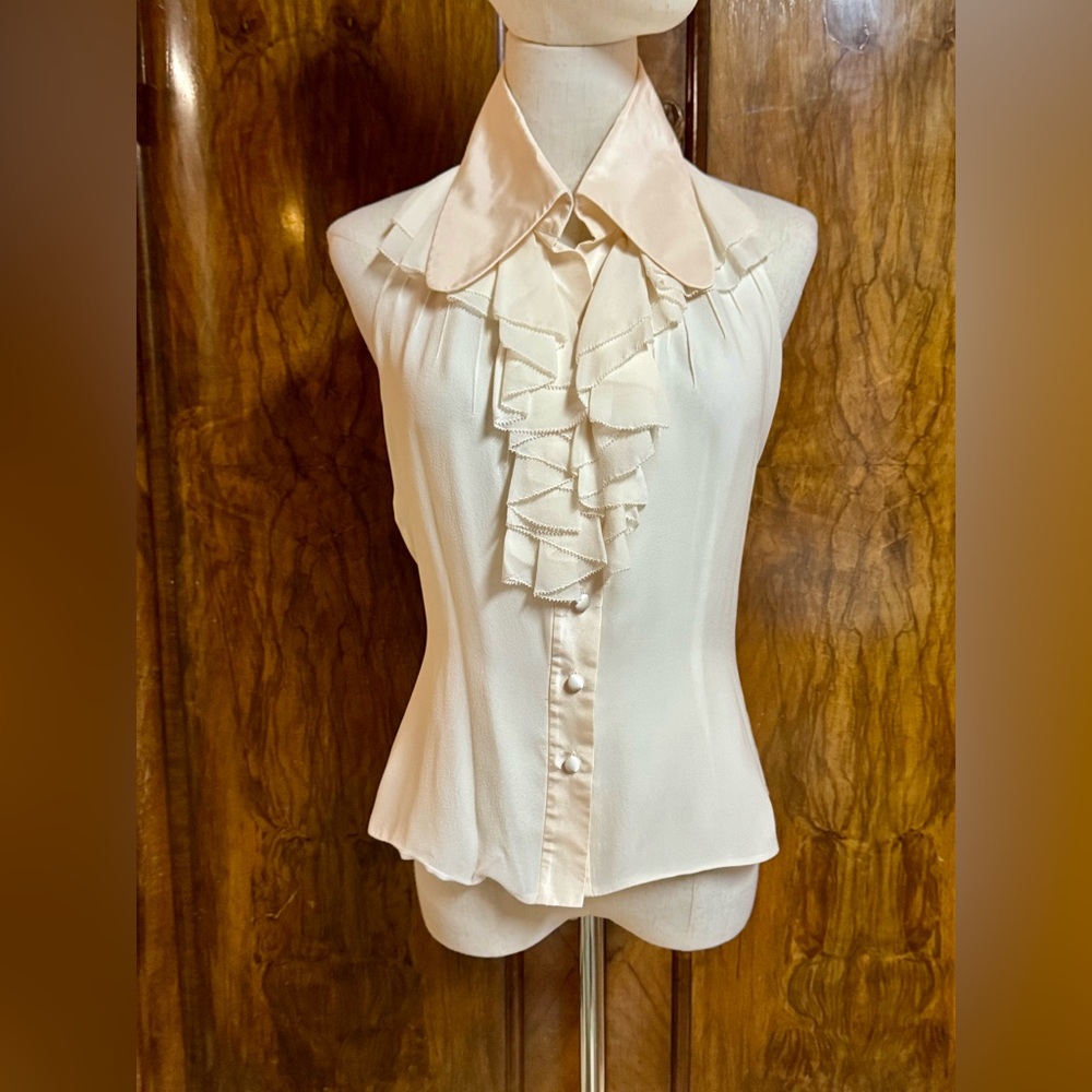 Kay Unger Silk Cream Ruffled Halter Blouse with Dress Shirt Collar Sz 10